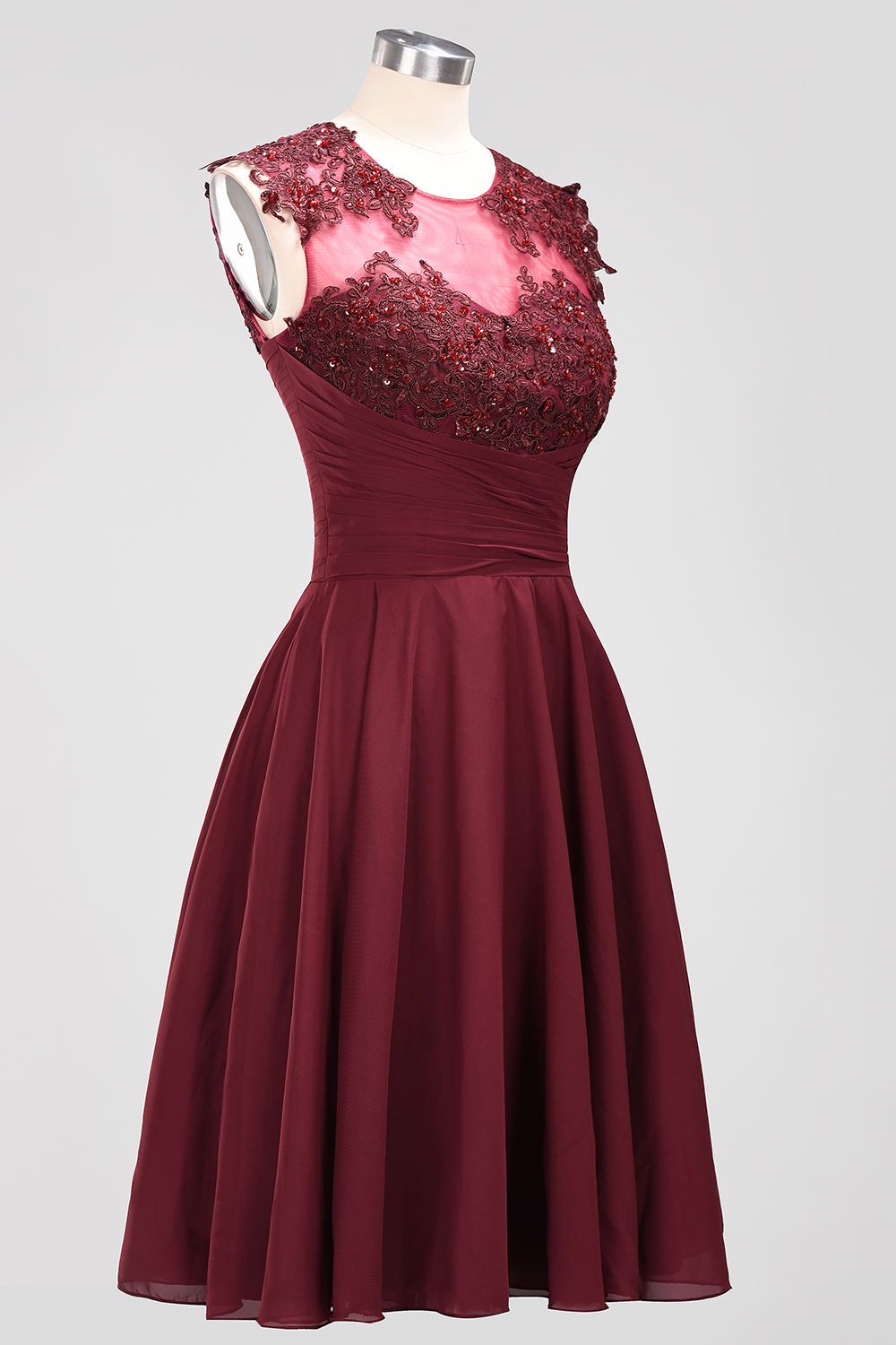 BMbridal Cute Chiffon Round Neck Short Burgundy Bridesmaid Dresses with Appliques-BMbridal