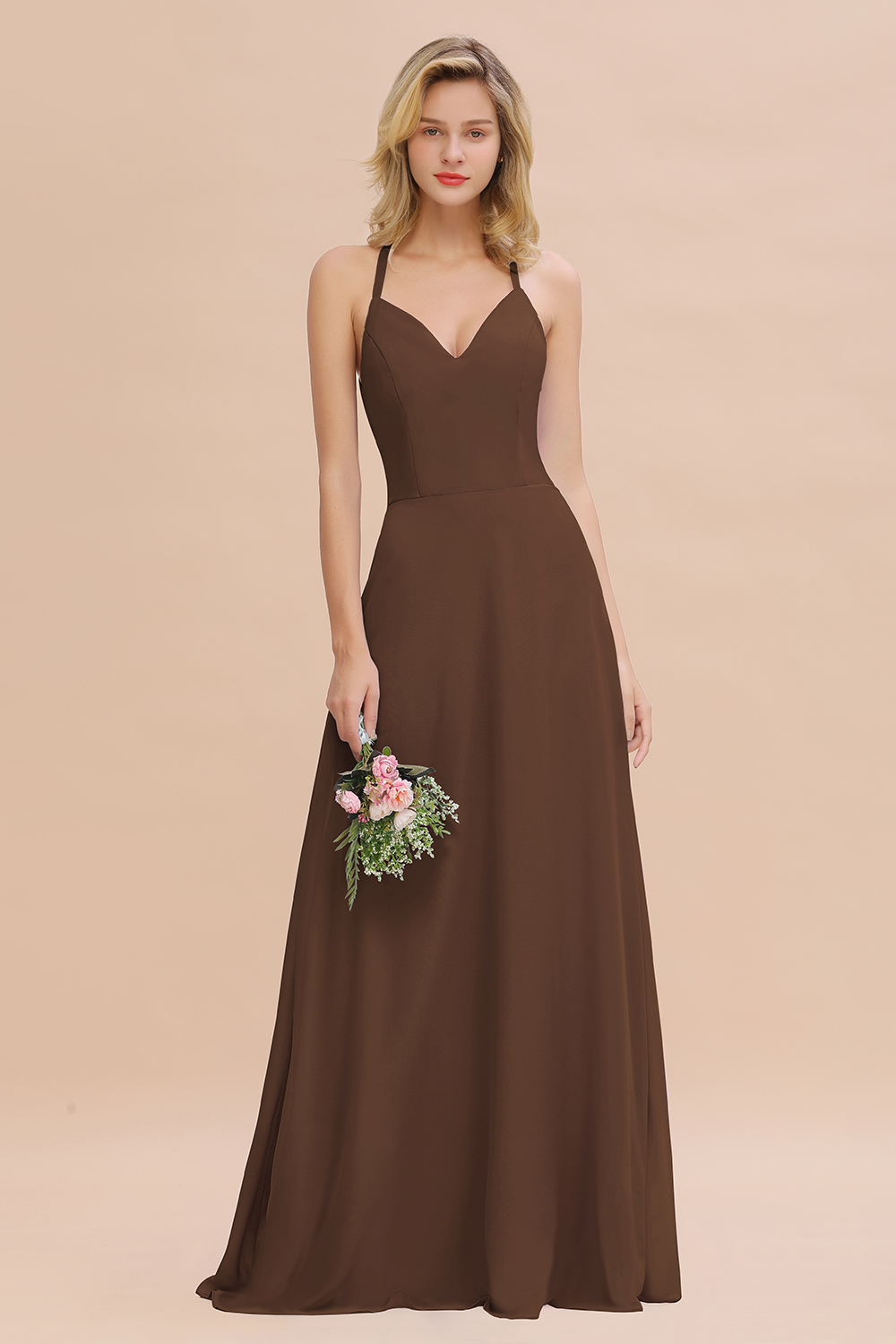 BMbridal Modest Halter V-Neck Sleeveless Long Bridesmaid Dresses Online-BMbridal