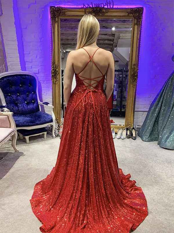 Burgundy A Line Spaghetti Straps V Neck Sequin Long Prom Dress with Slit