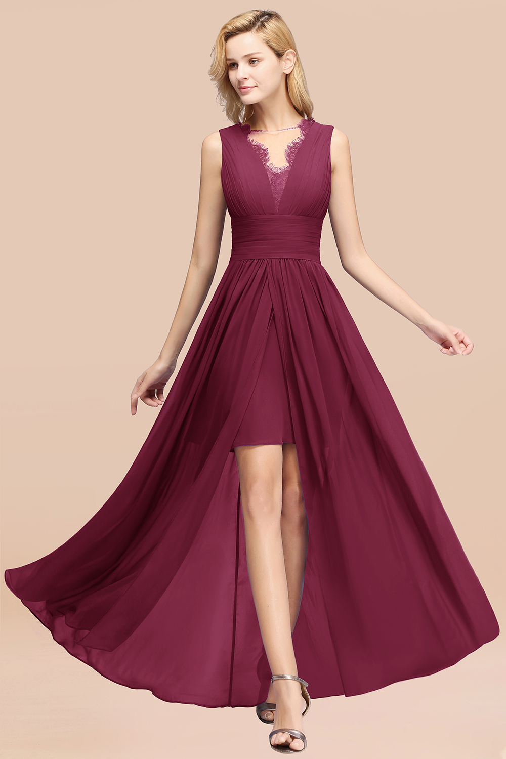 BMbridal Elegant Chiffon Lace Jewel Sleeveless Bridesmaid Dress with Ruffle-BMbridal