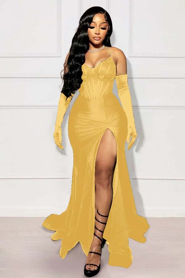 Halter Sleeveless Long Mermaid Prom Dress With Split Gloves