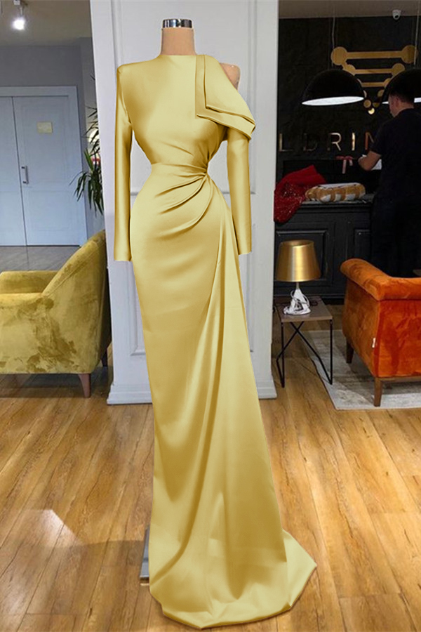 Charming High Neck Champagne Prom Dress Mermaid Long Sleeves With Pleated