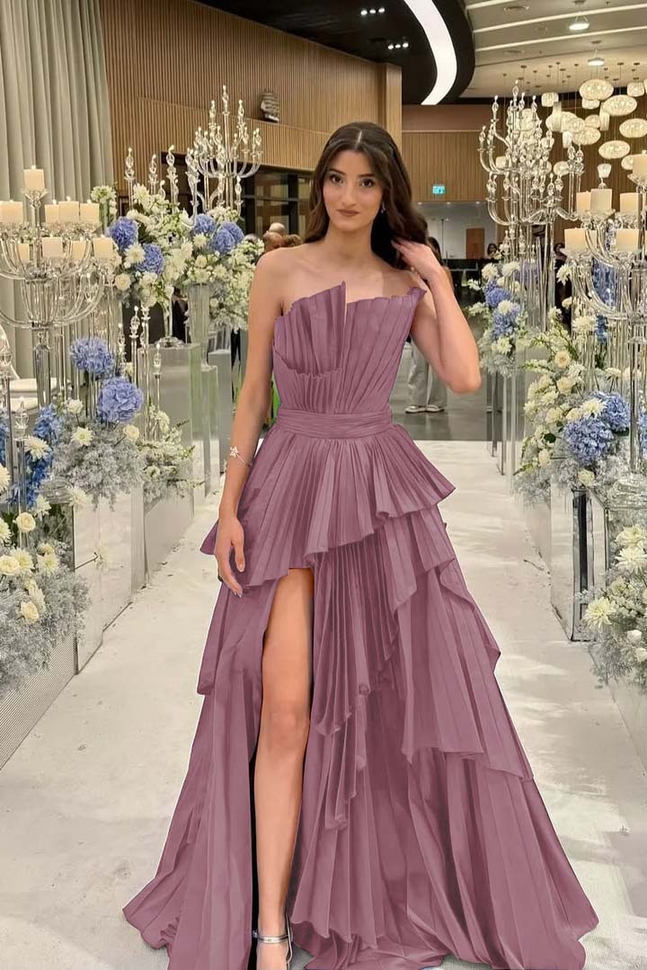 Charming Strapless Sleeveless Long Split Prom Dress With Pleated