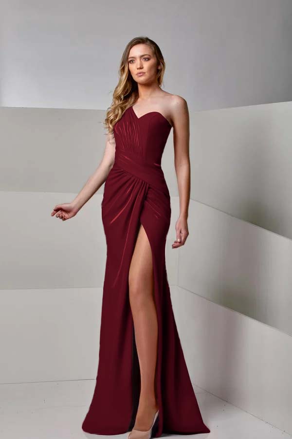 One Shoulder Sleeveless Long Mermaid Split Prom Dress With Pleated