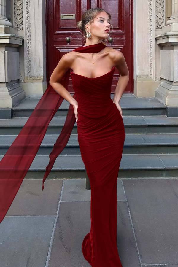 Chiffon Strapless Sleeveless Long Mermaid Prom Dress With Pleated