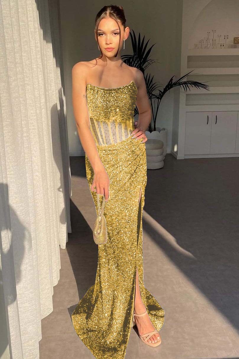 Strapless Sleeveless Mermaid Long Split Prom Dress With Sequins