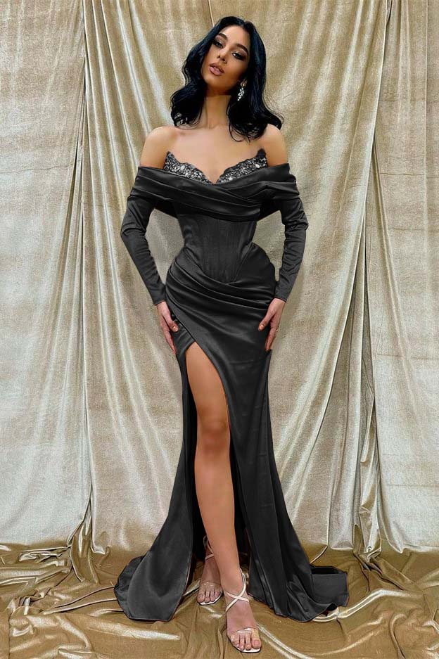Off the Shoulder Long Sleeves Long Split Prom Dress With Beading