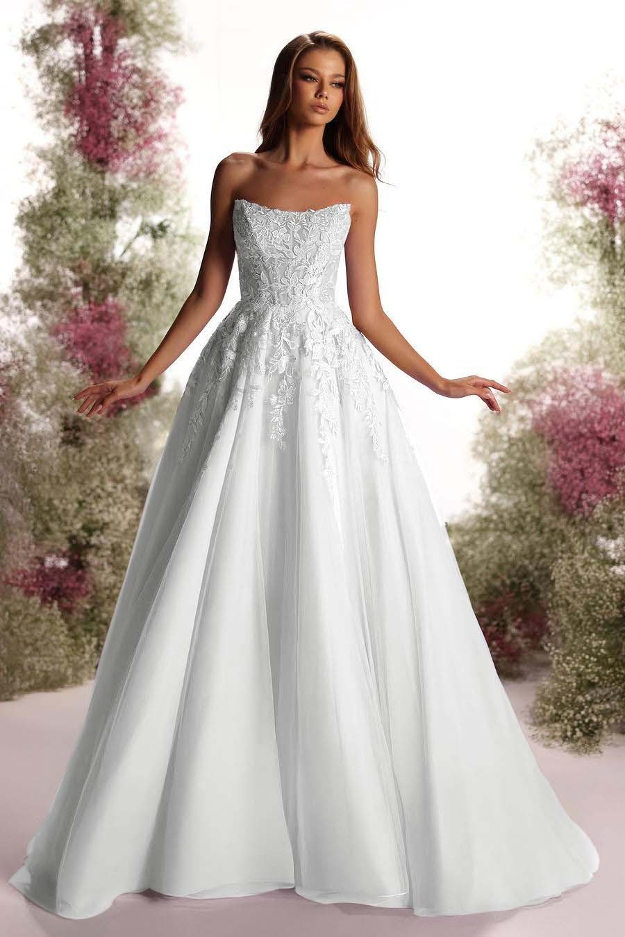 Tulle Strapless Sleeveless Long A Line Prom Dress With Appliques