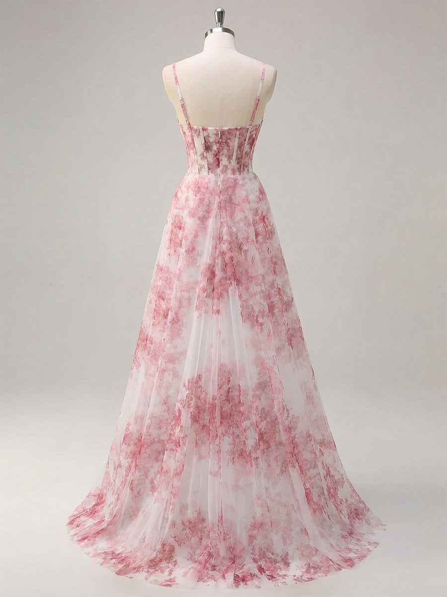 Pink Floral Corset Tulle Long Prom Dress with Delicate Spaghetti Straps