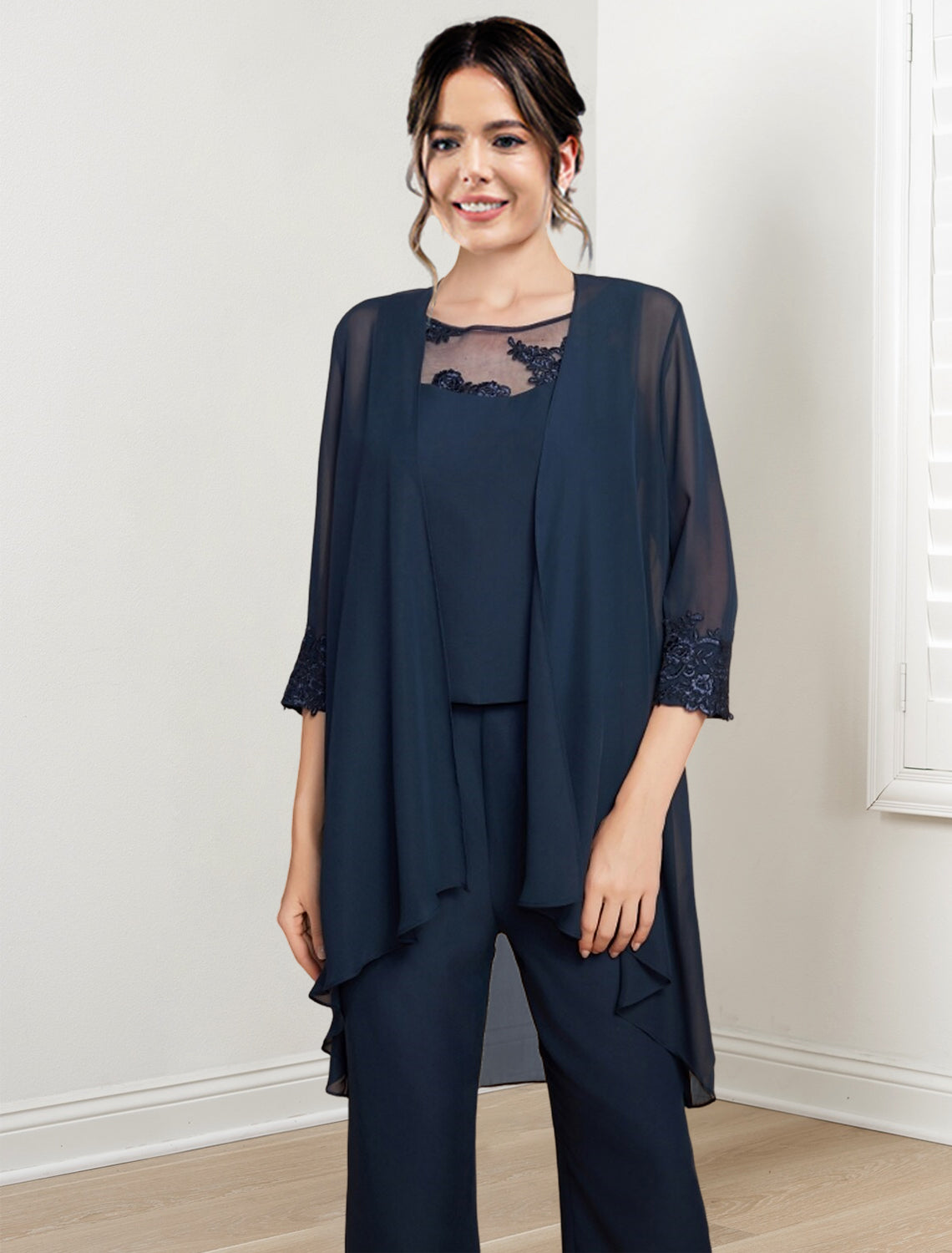 Mother of the Bride Scoop Neck Chiffon Pantsuit with Jacket