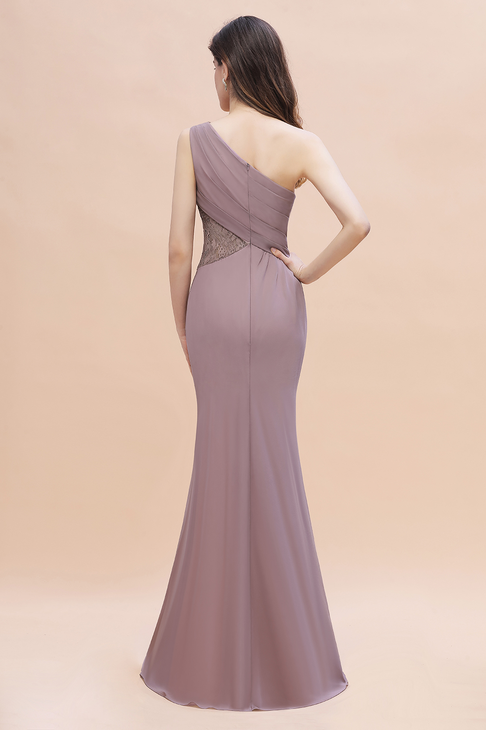 BMbridal Chic One-Shoulder Dusk Chiffon Lace Ruffle Bridesmaid Dress with Front Slit On Sale-BMbridal