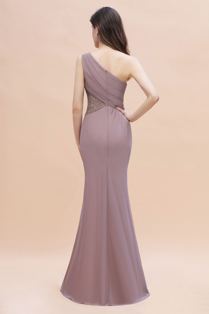 BMbridal Chic One-Shoulder Dusk Chiffon Lace Ruffle Bridesmaid Dress with Front Slit On Sale-BMbridal