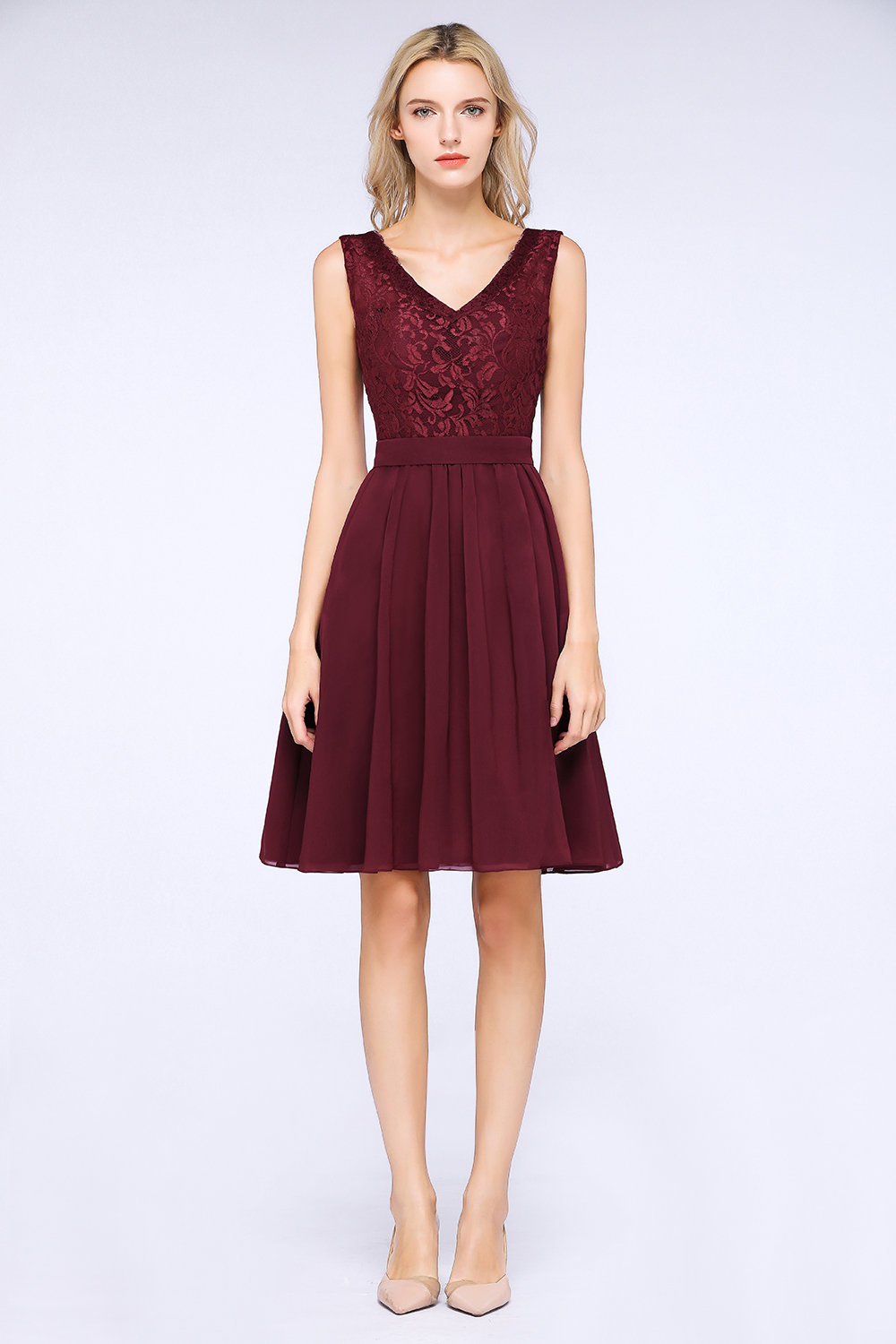 BMbridal Elegant Lace V-Neck Short Burgundy Chiffon Bridesmaid Dress with Ruffle-BMbridal