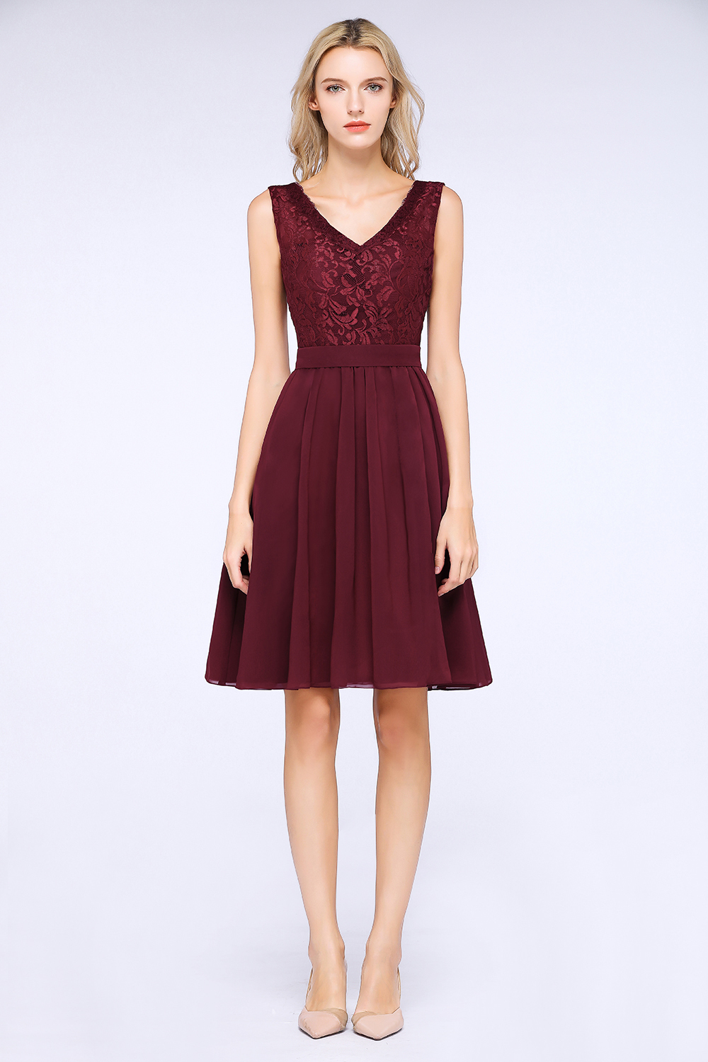 BMbridal Elegant Lace V-Neck Short Burgundy Chiffon Bridesmaid Dress with Ruffle-BMbridal
