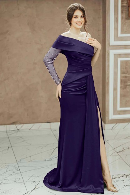 Red Beadings One Shoulder Pleated Prom Dress Split Mermaid With Long Sleeve