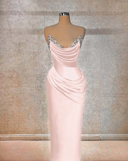 Chic Strapless Sleeveless Long Prom Dress With Beading Pleated