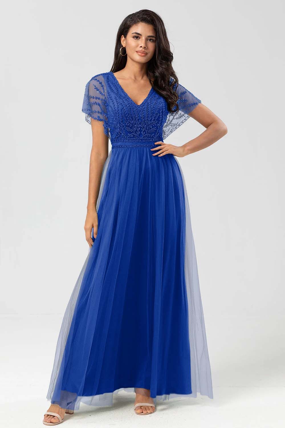 Tulle Short Sleeves V Neck A Line Long Prom Dress With Appliques