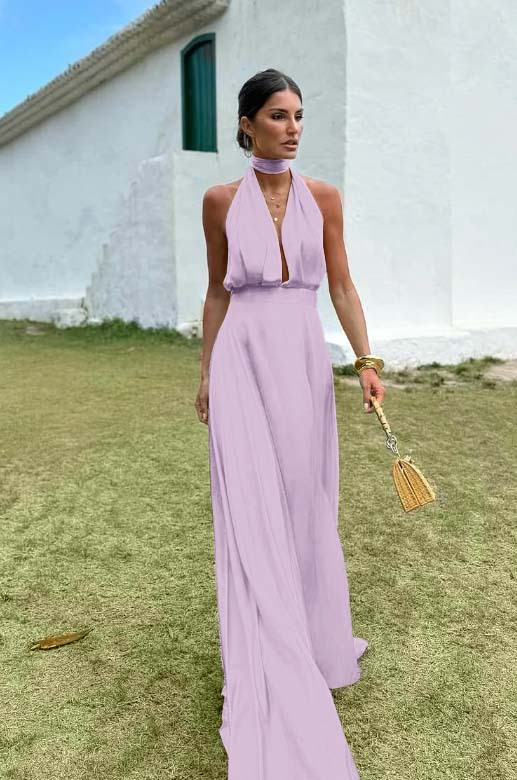 Charming Sleeveless Halter V Neck Long Prom Dress With Pleated