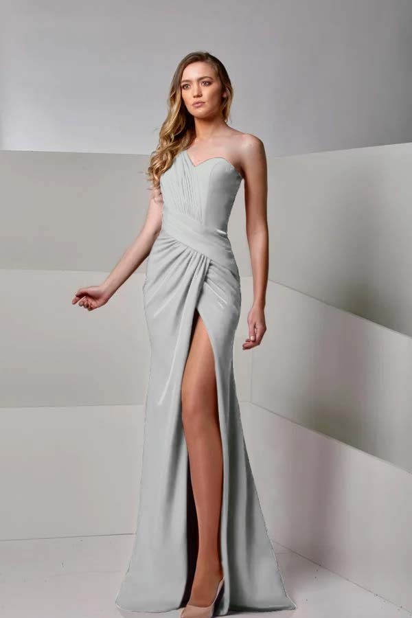 One Shoulder Sleeveless Long Mermaid Split Prom Dress With Pleated