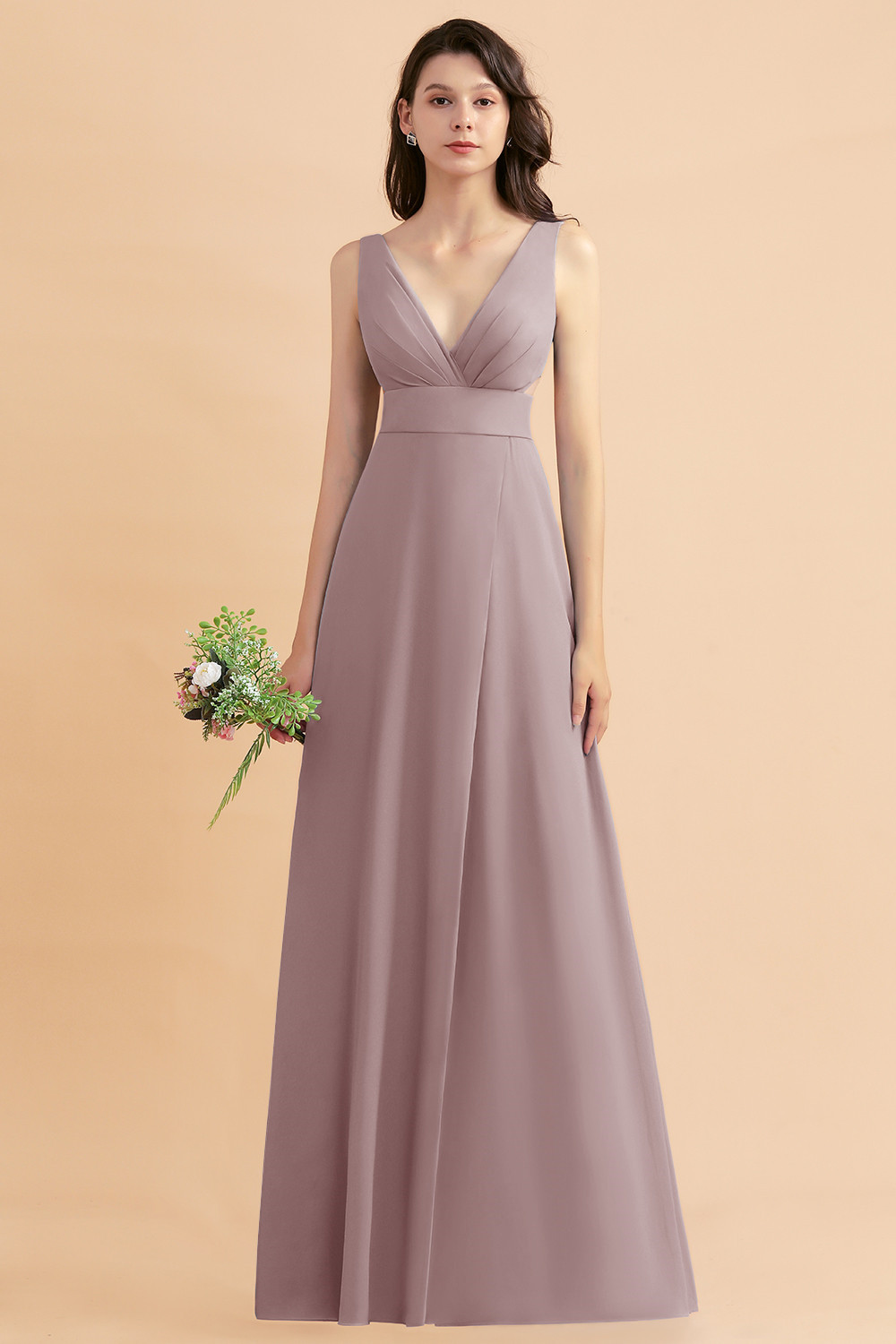 BMbridal A-Line Dusty Blue Chiffon Ruffles Bridesmaid Dress with Slit-BMbridal