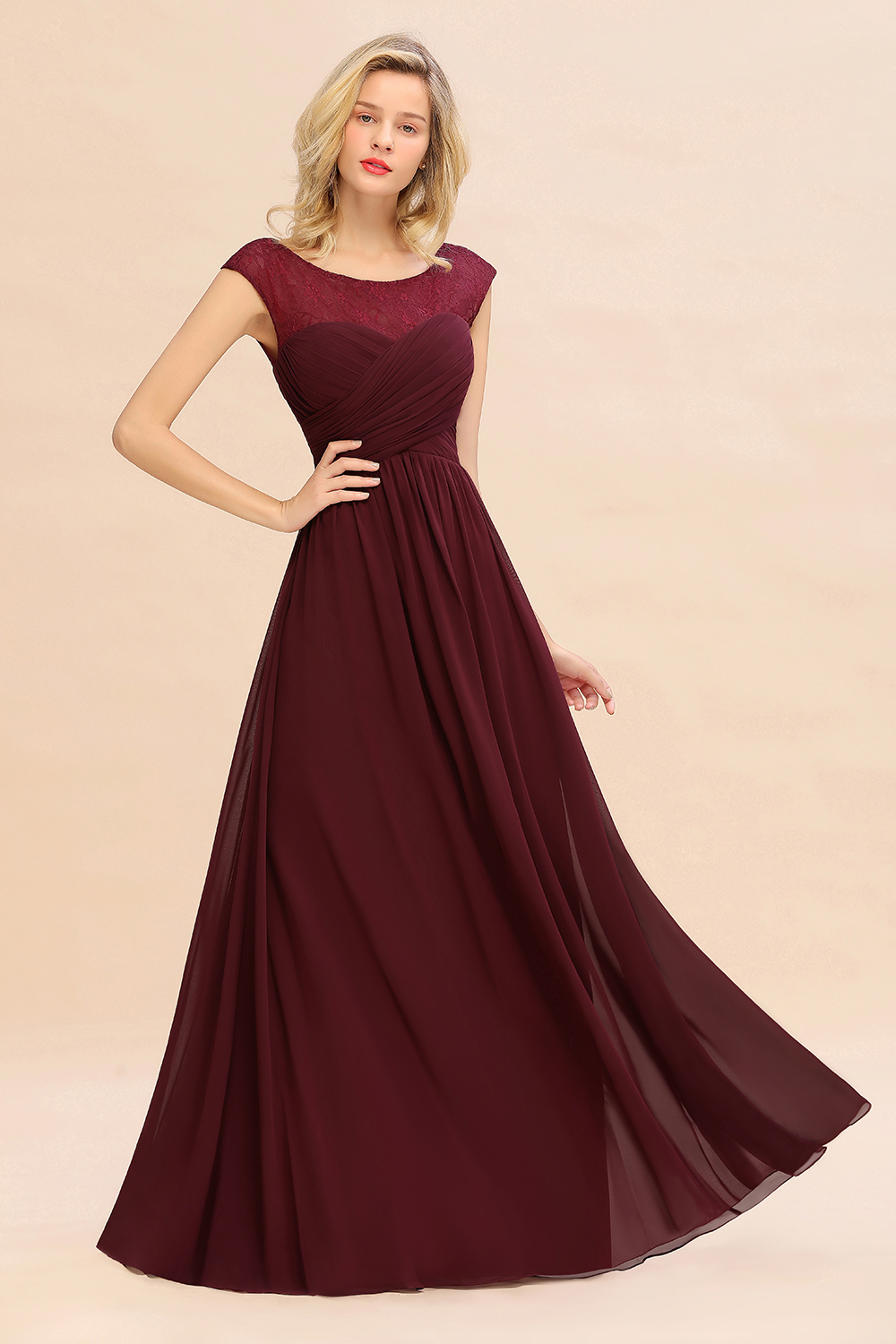 BMbridal Modest Burgundy Chiffon Sleeveless Ruffle Bridesmaid Dress Affordable-BMbridal