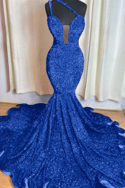 Red Mermaid Sleeveless One Shoulder Prom Dress Sweetheart Elegant Sequins