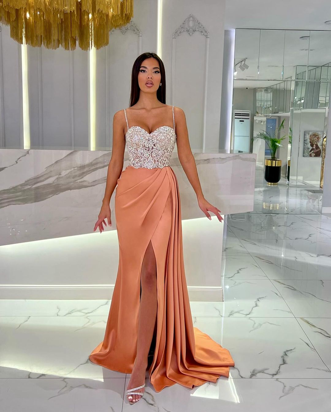 Prom Dress Baby Blue With High Slit Spaghetti Strap Sweetheart Appliques