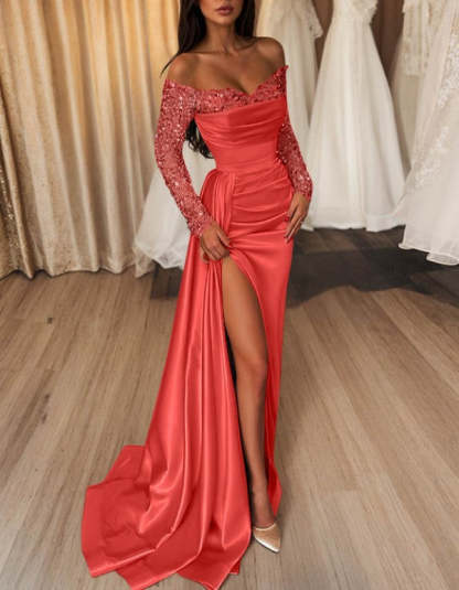 Off-the-Shoulder Floor-Length Prom Dress with Side Split and Sequins