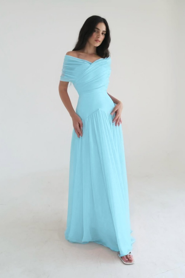 Chiffon Off the Shoulder Sleeveless Long Prom Dress With Pleated