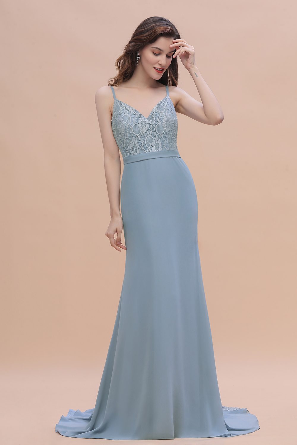 BMbridal Elegant Mermaid Chiffon Lace Dusty Blue Bridesmaid Dress with Spaghetti Straps On Sale-BMbridal