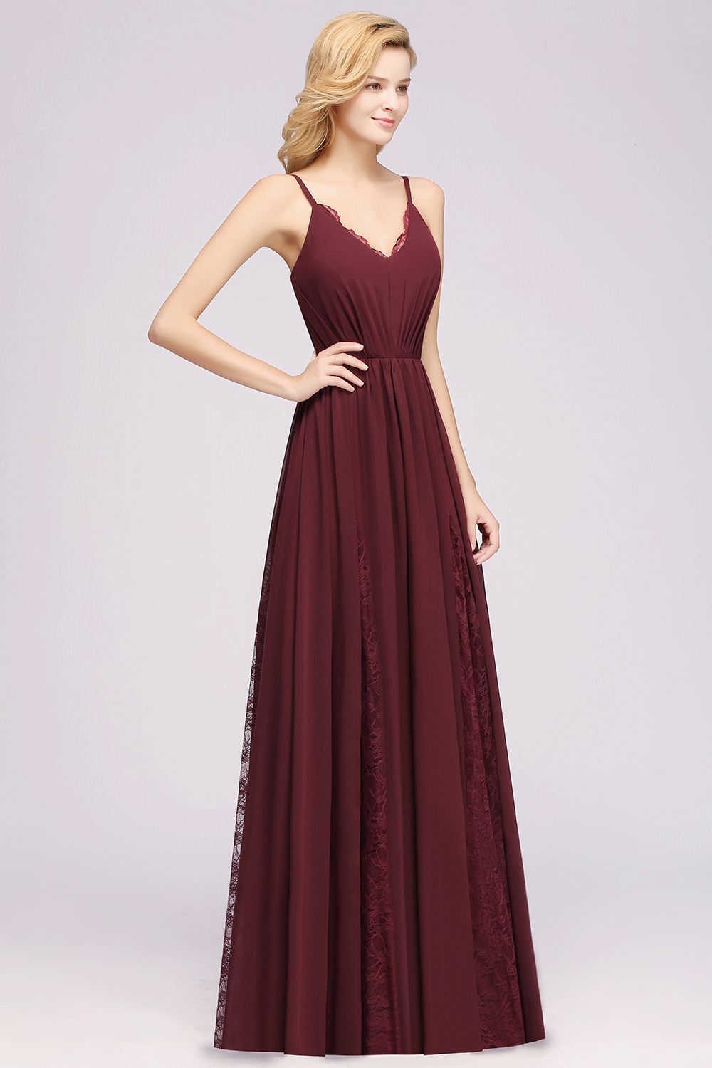 BMbridal Elegant Spaghetti Straps Long Bridesmaid Dress Lace V-Neck Maid of Honor Dress-BMbridal