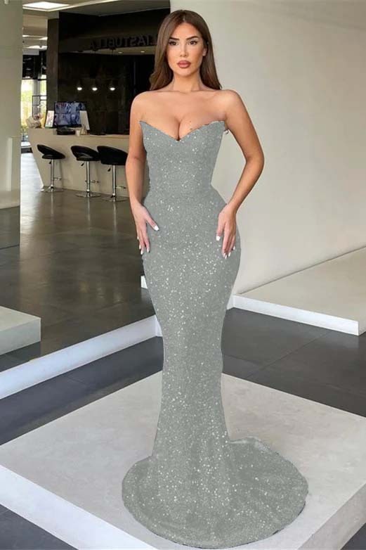 Black Strapless Sleeveless Long Mermaid Prom Dress With Sequins