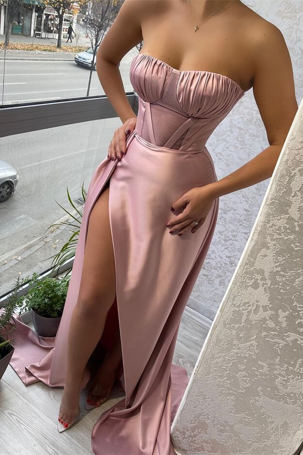 Sexy Pink Strapless Sleeveless Mermaid Prom Dress With Split Ruffles