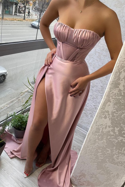 Sexy Pink Strapless Sleeveless Mermaid Prom Dress With Split Ruffles