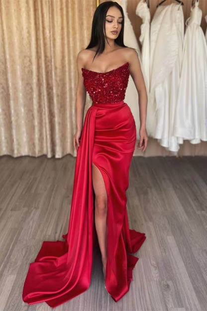 Red Strapless Elegant Sleeveless Long Sequins Prom Dress Mermaid Side Split