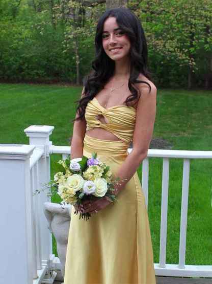 Yellow Strapless Knot Front Satin Fitted Long Prom Party Dress