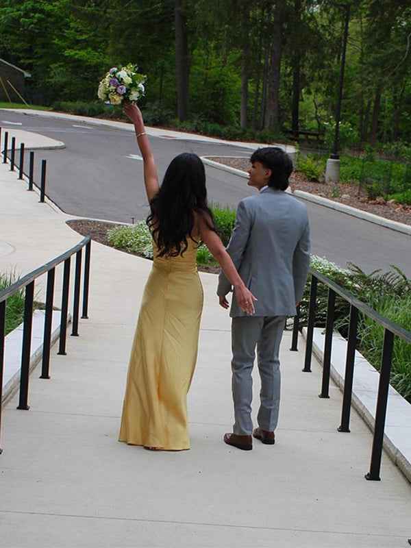 Yellow Strapless Knot Front Satin Fitted Long Prom Party Dress