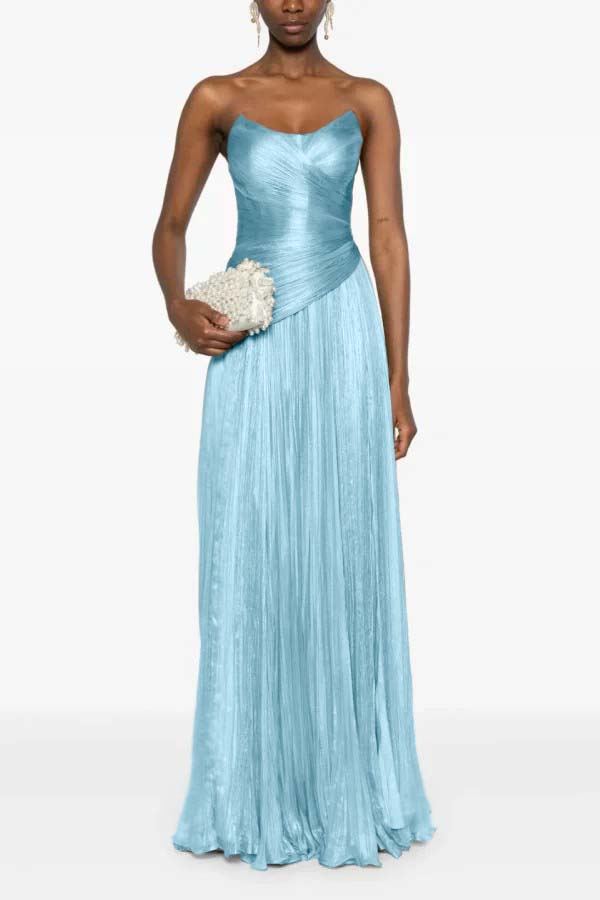 Chic Strapless Sleeveless Long Prom Dress With Ruffles Pleated