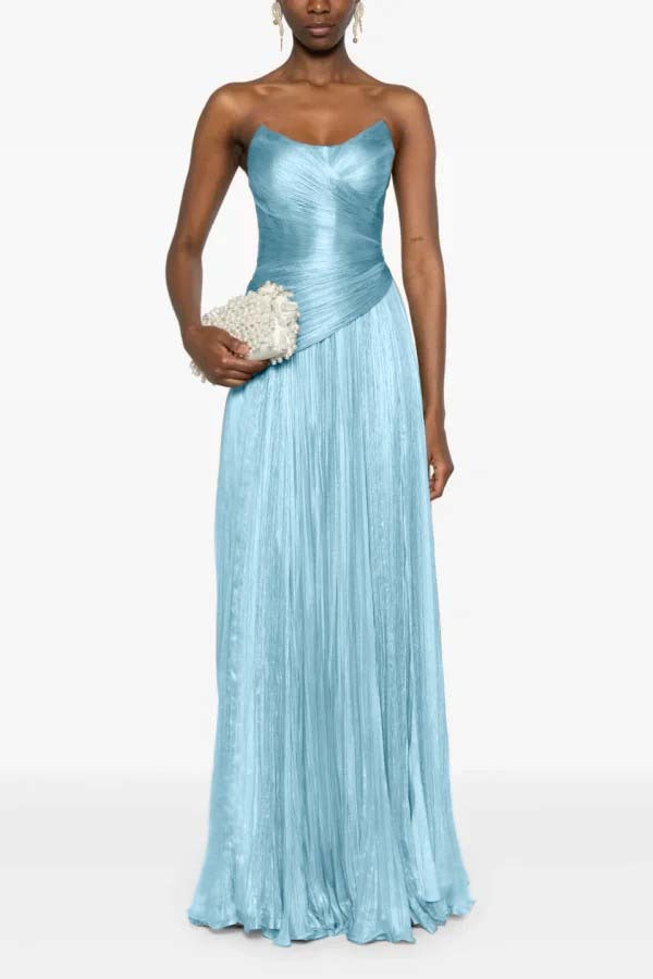 Chic Strapless Sleeveless Long Prom Dress With Ruffles Pleated