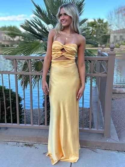Yellow Strapless Knot Front Satin Fitted Long Prom Party Dress