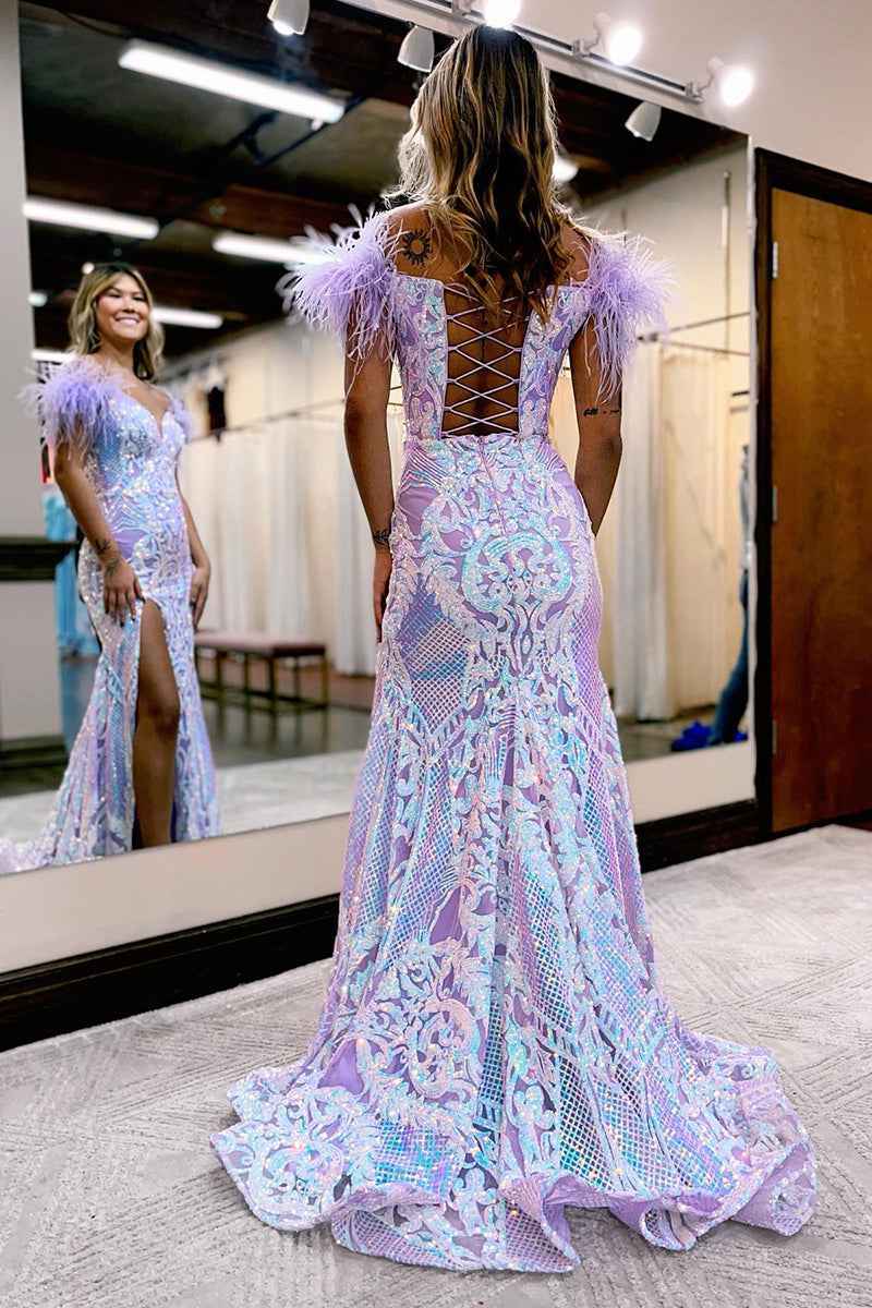 Glitter Royal Blue Mermaid Off the Shoulder Sequins Long Prom Dress with Feather