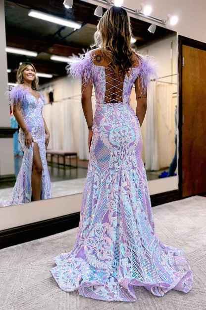 Glitter Royal Blue Mermaid Off the Shoulder Sequins Long Prom Dress with Feather