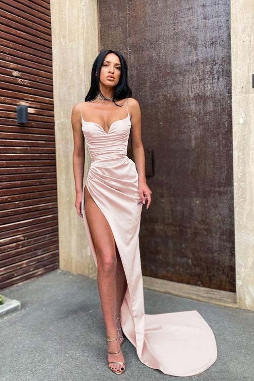 Baby Blue Spaghetti Strap Sleeveless Pleated Prom Dress Mermaid With Split