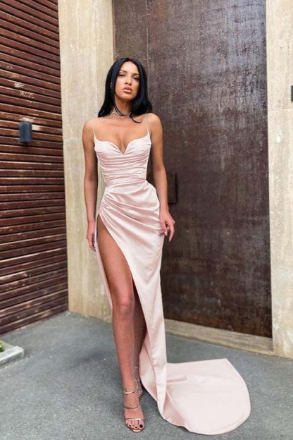 Baby Blue Spaghetti Strap Sleeveless Pleated Prom Dress Mermaid With Split