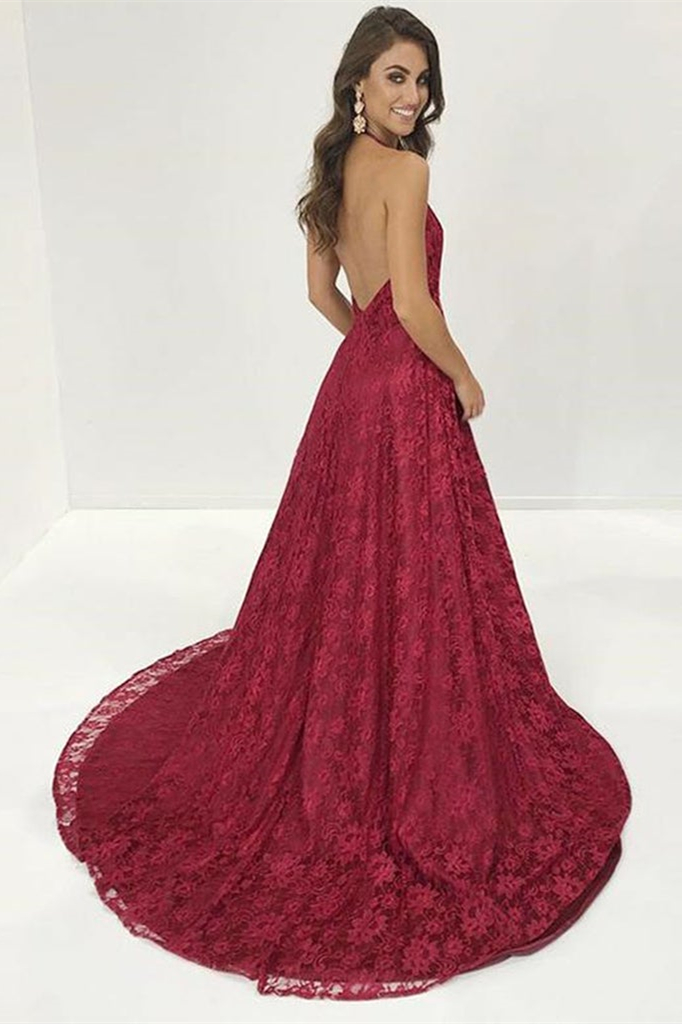 Burgundy Modern Halter Deep V Neck Backless Long Lace Prom Dress With Split