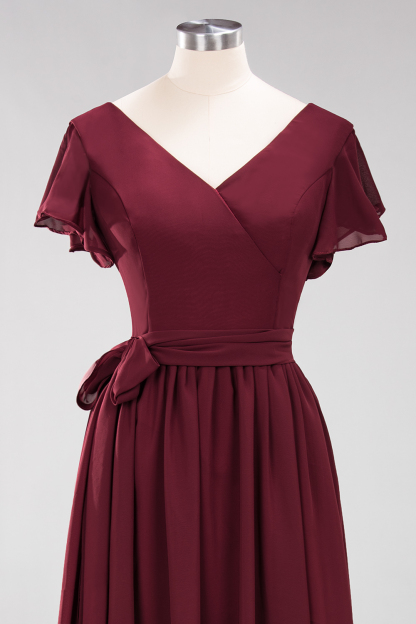 BMbridal Burgundy V-Neck Long Bridesmaid Dress With Short-Sleeves-BMbridal