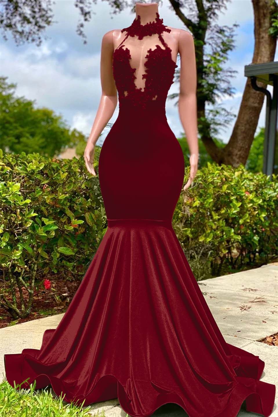 Halter Sleeveless Long Mermaid Prom Dress With Appliques Ruffles