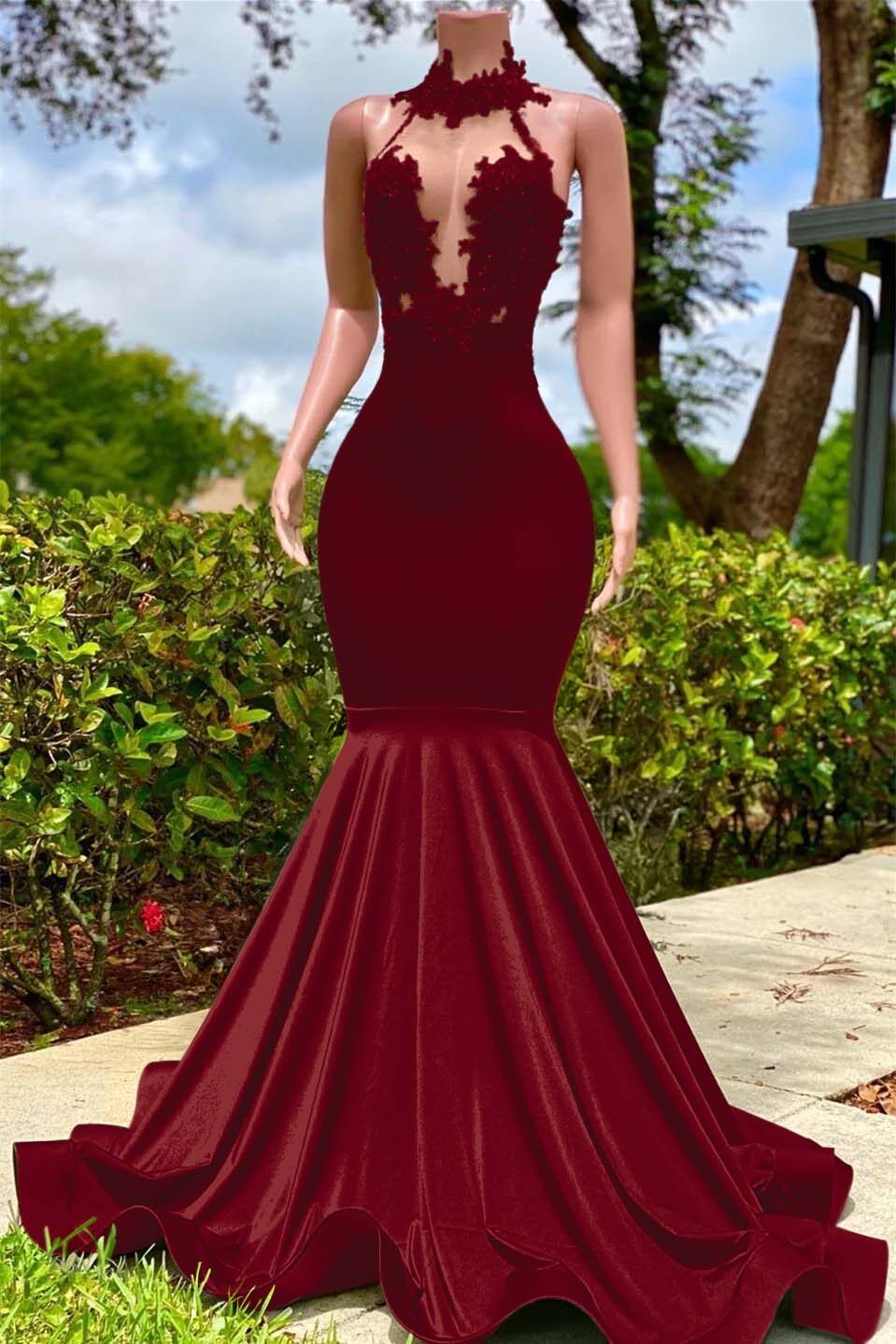 Halter Sleeveless Long Mermaid Prom Dress With Appliques Ruffles