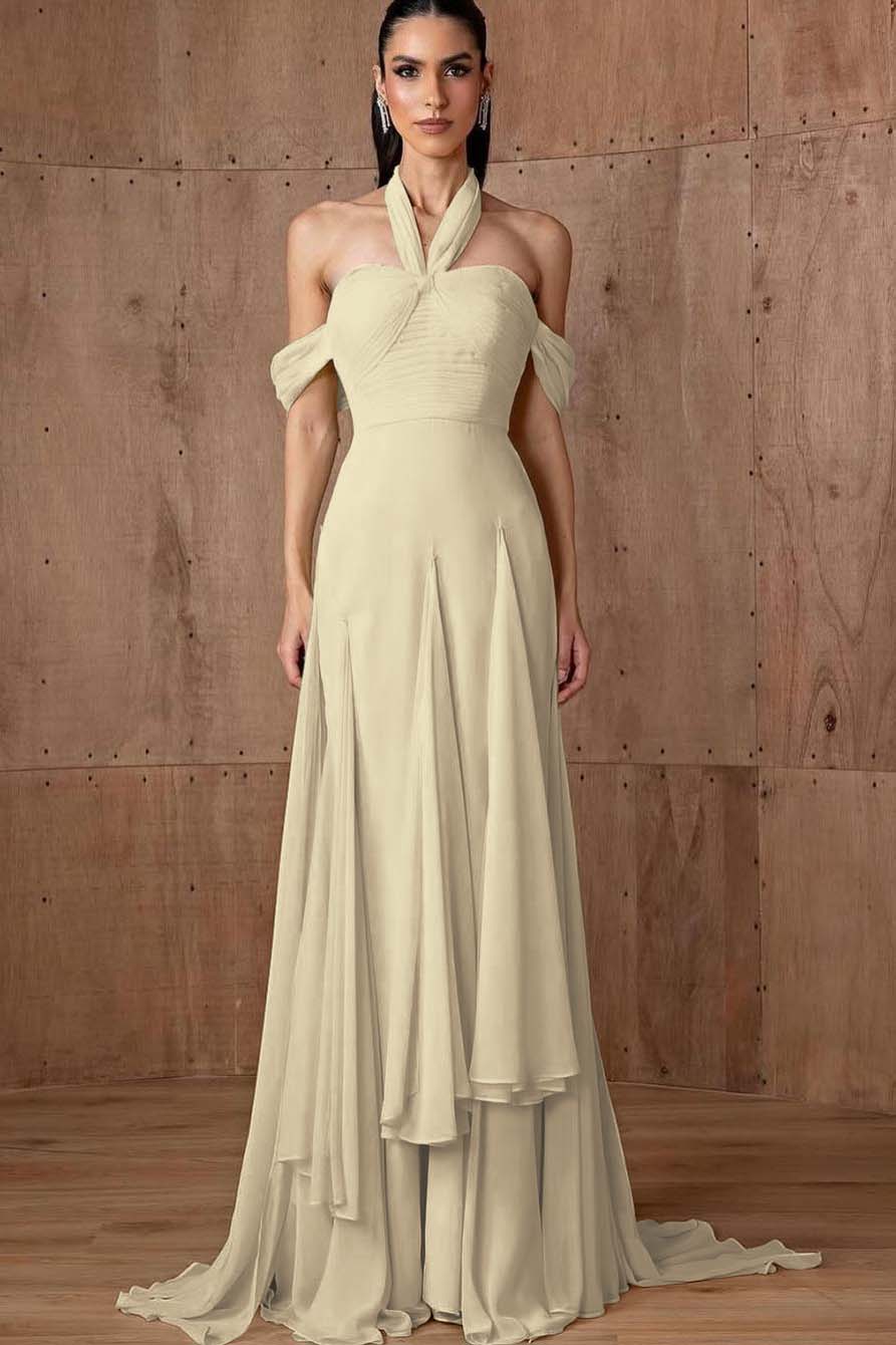 Halter Off the Shoulder Sleeveless Long Prom Dress With Ruffles