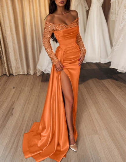 Off-the-Shoulder Floor-Length Prom Dress with Side Split and Sequins